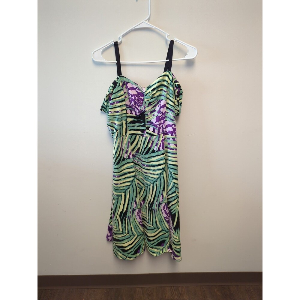Eva Mendes Women's Size 8 Green and Purple Printโ Cold Shoulder Dress